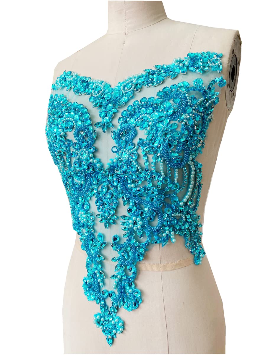 Handmade red/Blue/Gold/Green Rhinestones lace Bodice Applique Sewing Beads Crystal Trim Patches Accessory for Dress Clothes (Rose red)