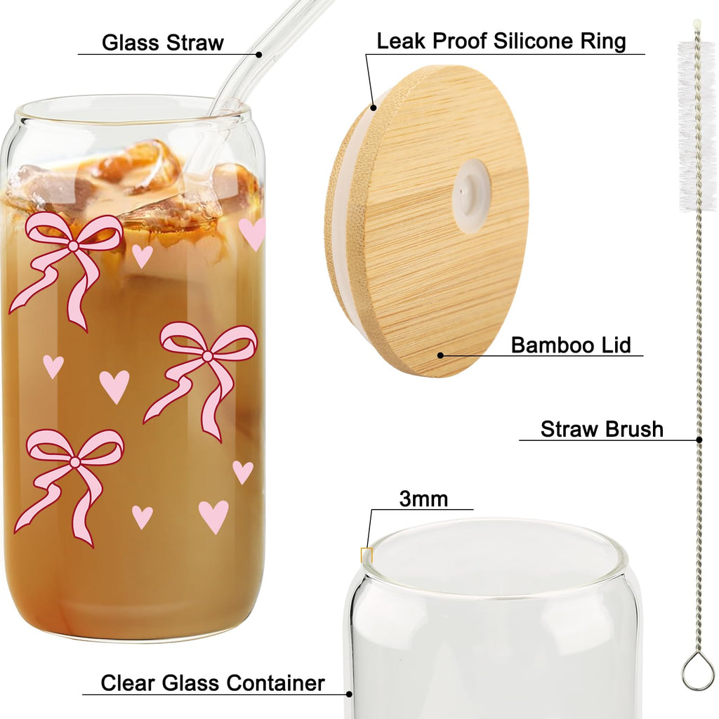 Cherry Bow Cup, Birthday Gifts for Women, Girly Gifts for Her, Sister, Mom, Colleague - 16 OZ Glass Tumbler with Straw & Lid, Coquette Iced Cup