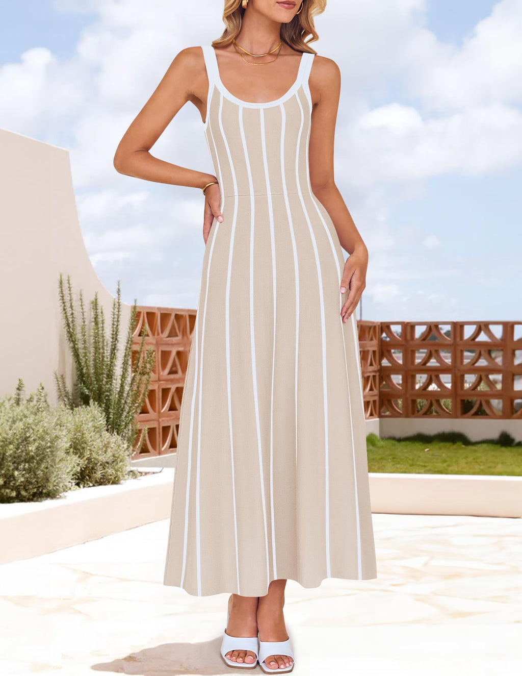 Wome's Summer Sleeveless Striped Midi Dress 2025 Knit Casual Elegant A Line Swing Long Dresses