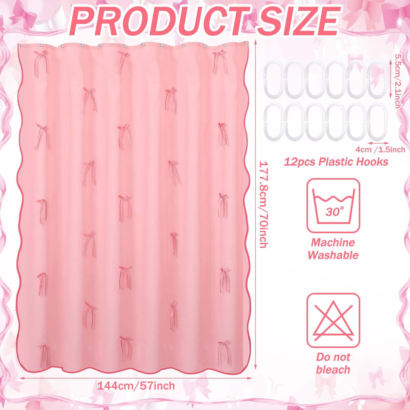 Cute Scalloped Bath Bow Shower Curtain with 12 Hooks Bowknot Waterproof Aesthetic Bathroom Decor for Women Girls Accessory, 72 Inches