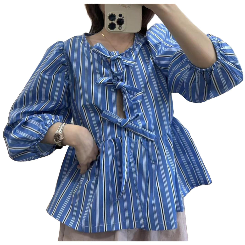 Tie Front Tops Womens Y2k Print Peplum Babydoll Top 3/4 Length Puff Sleeve Coquette Cute Going Out Tops