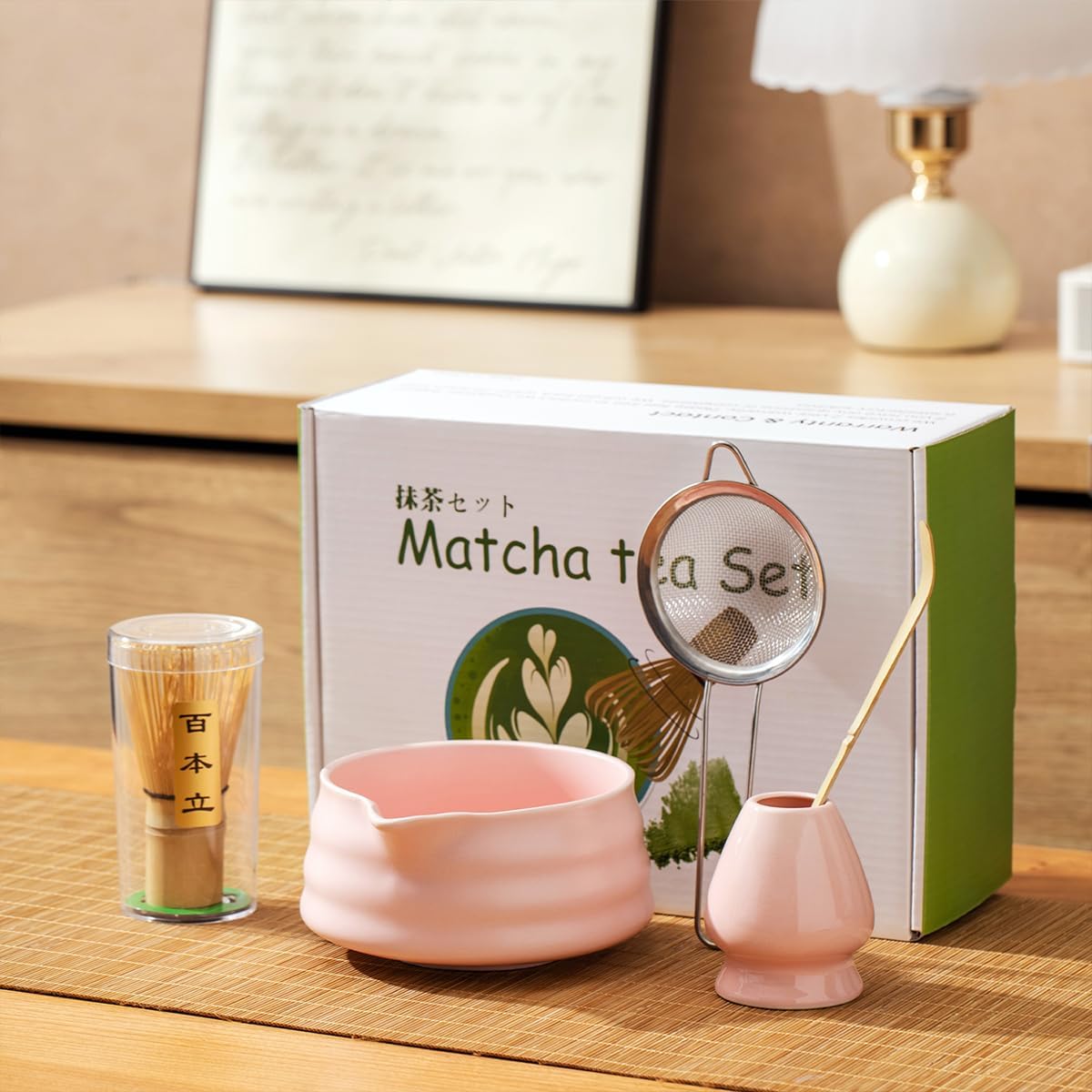 Matcha Set With Bowl, Matcha Sifter, Matcha Whisk Holder - The Perfect Matcha Kit for Matcha Tea (Ceramic White 5PCS)