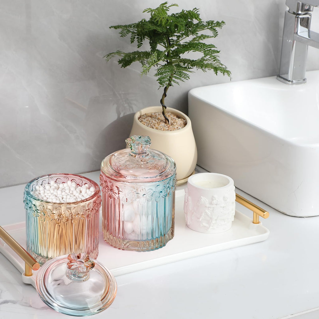 Qtip Holder Glass Apothecary Jars with Lids Set Bathroom Canisters Dispenser Organizers and Storage for Cotton Swabs, Balls, Pads, Floss Picks, Candy 2 Pack