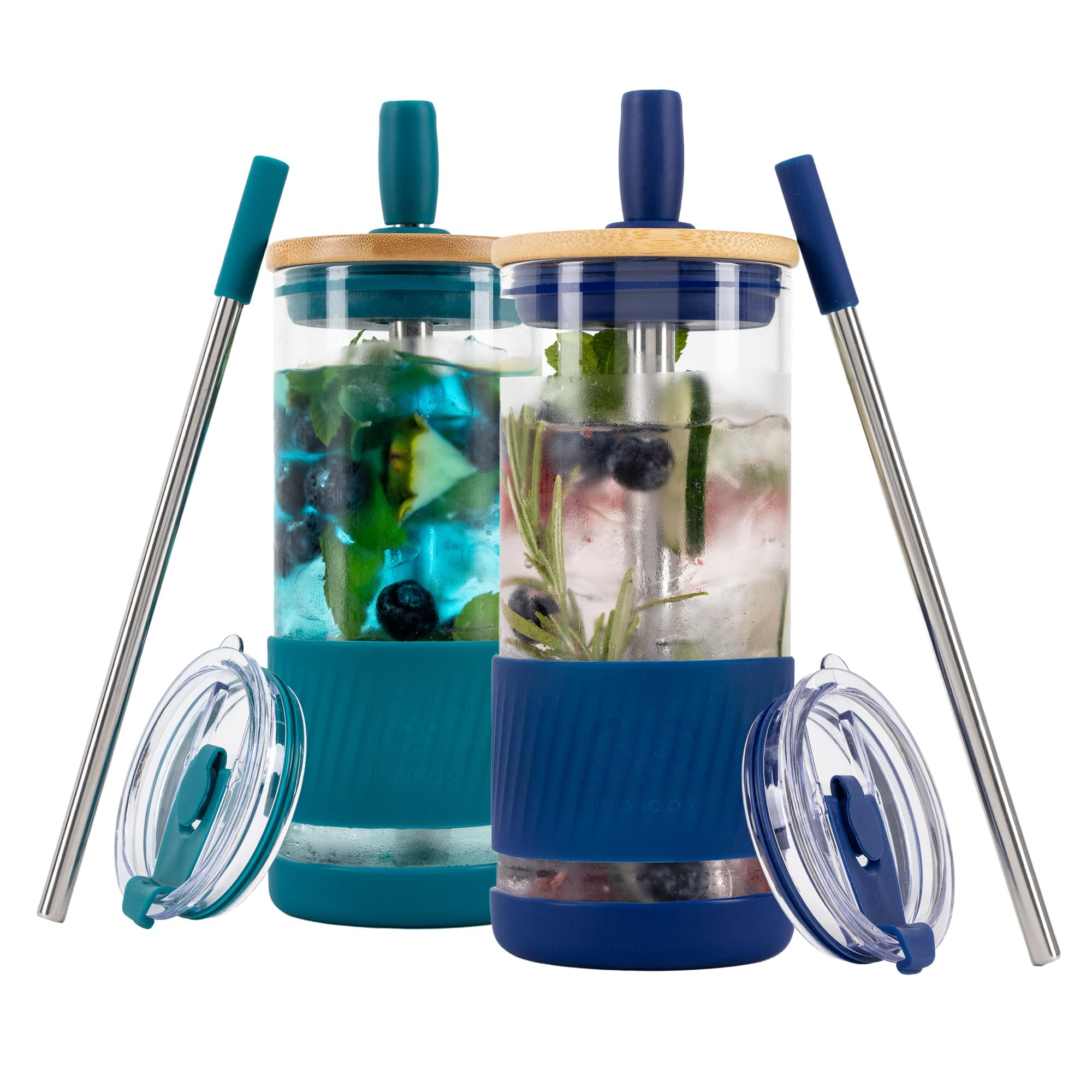 Pandaloo® Glass Cups With Lids and Straws -20 Fl Oz- Perfect Size Iced Coffee Cup - Smoothie Cup With Bamboo Lid and On the go Lid - Glass Tumbler With Straw