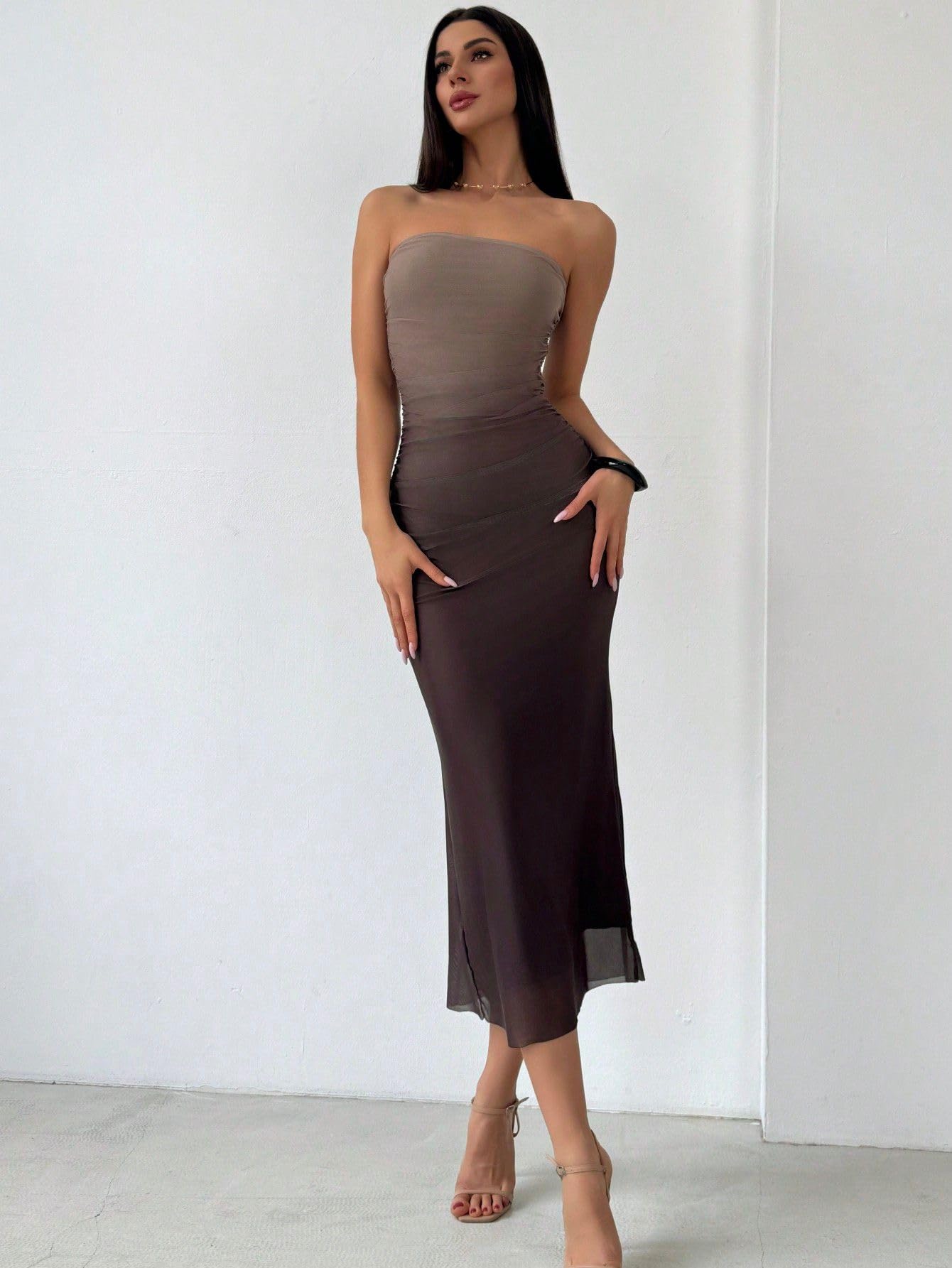 Women's Summer Gradient Strapless Tube Dress Bodycon Long Dress Side Slit Mesh Layered