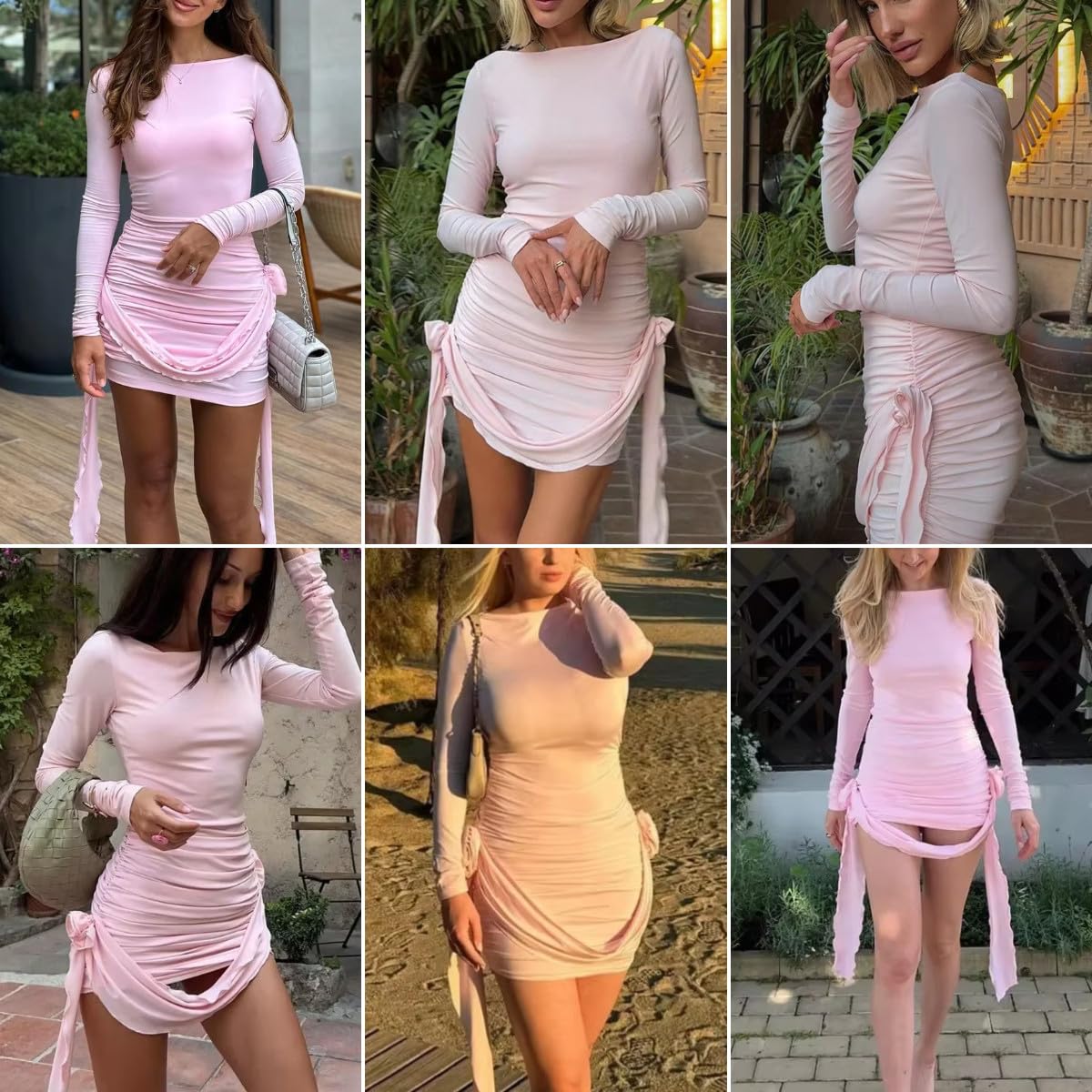 Women's Sexy Pleated Long Sleeve Mini Dress Bodycon 3D Floral Ruched Tassels Y2K Party Club Short Dresses