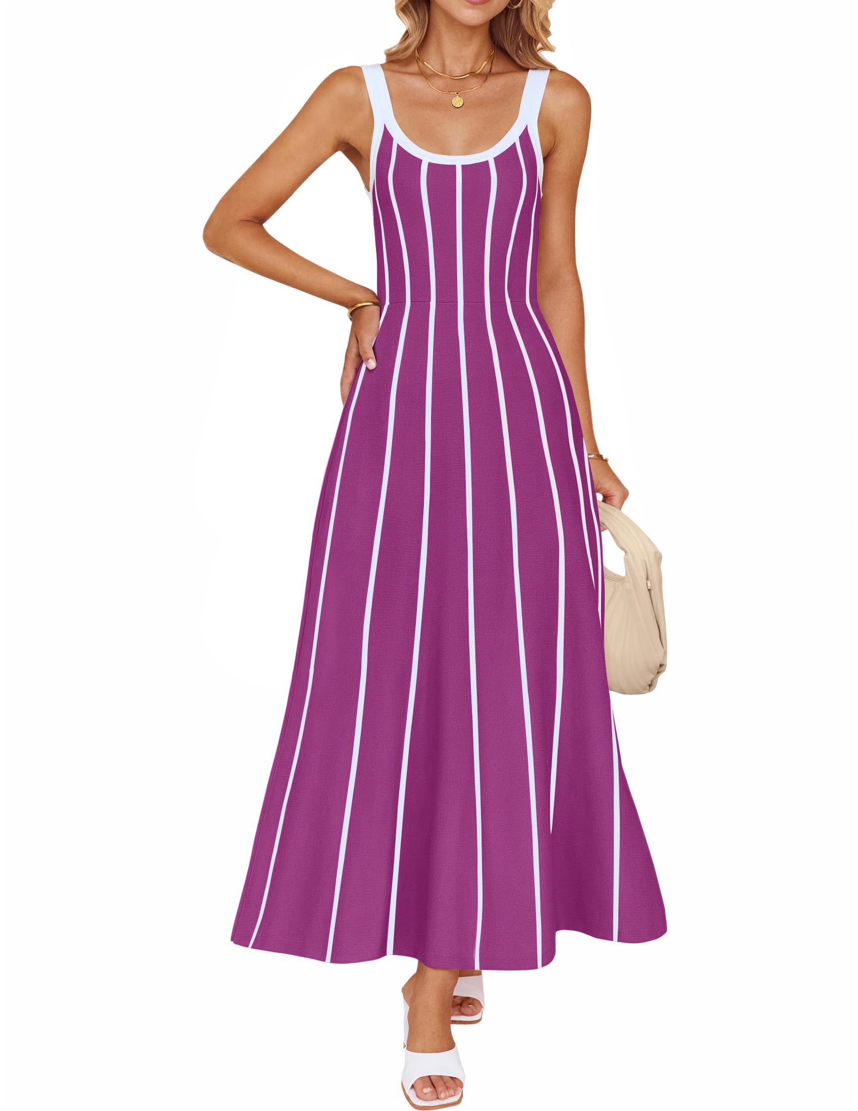 Wome's Summer Sleeveless Striped Midi Dress 2025 Knit Casual Elegant A Line Swing Long Dresses