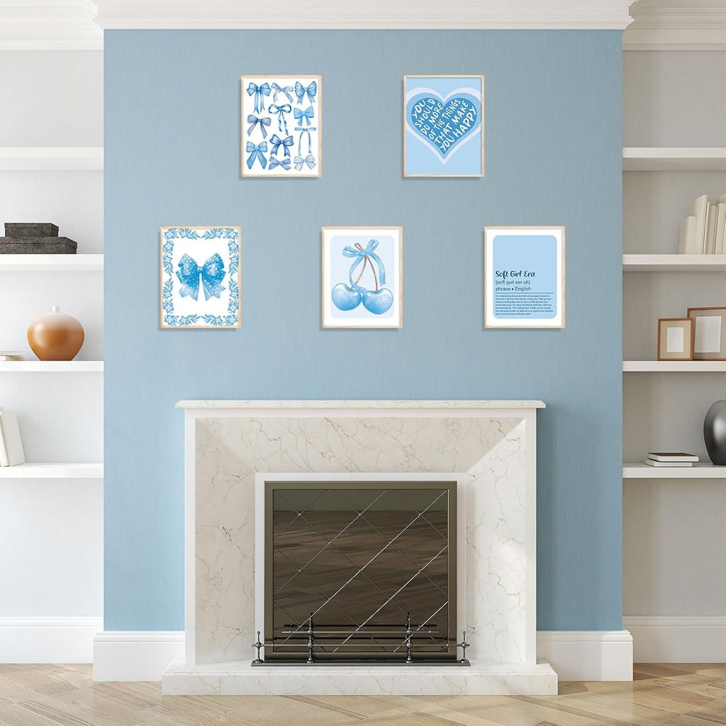 Coquette 12Pcs Blue Wall Decor - Bow Knot Cherry Wall Art Prints Decorative Aesthetic Pictures for Girls Home Office Room Gallery Party, 8 x 10 Inch, Unframed