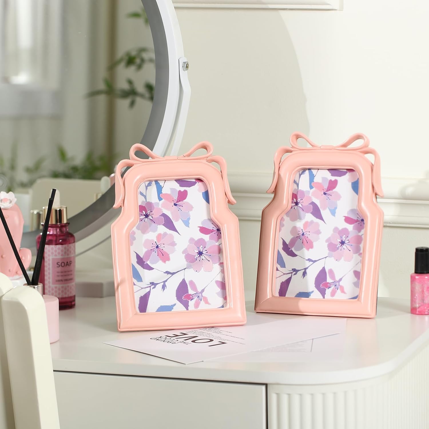 Pink Bow Picture Frame 4x6 Inch 3D Coquette Display Resin Photo Frames Cute Ribbon Bow Design 2 Pcs