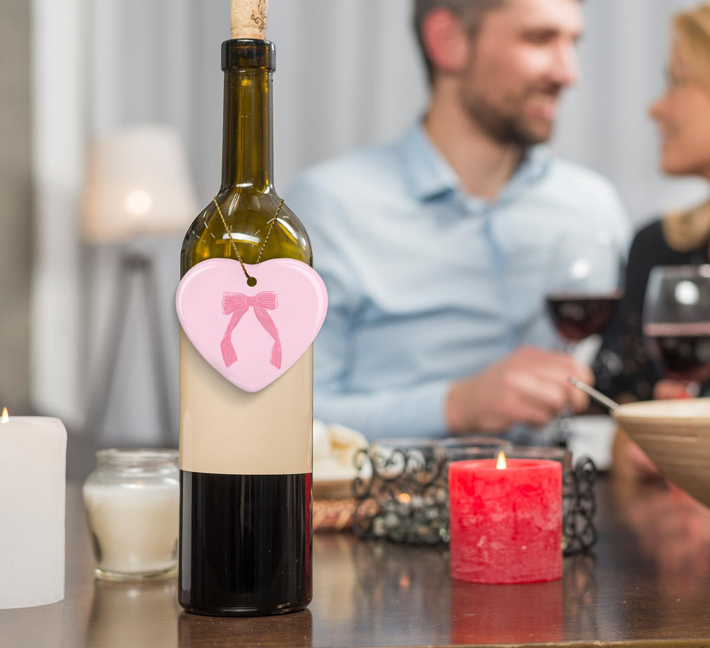 Coquette Trendy Pink Bow Ornament, Keepsake Sign for Decoration, Ceramic Heart