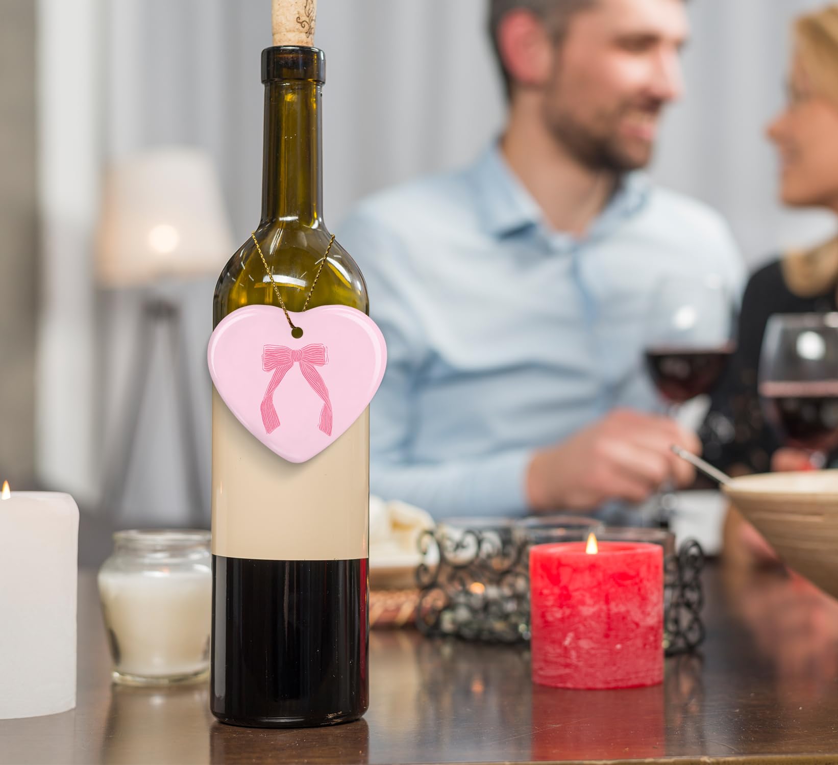 Coquette Trendy Pink Bow Ornament, Keepsake Sign for Decoration, Ceramic Heart