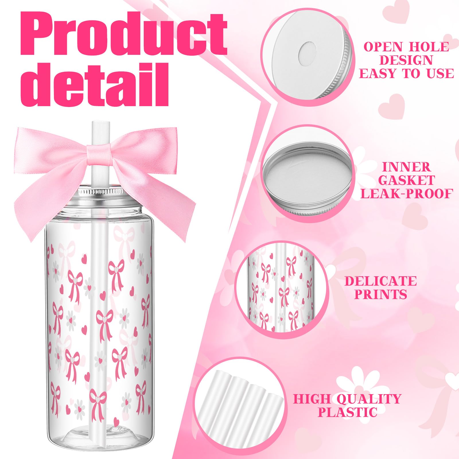 Color Bow Plastic Cups Coquette Bow Aesthetic Cup with Lids and Straws 14 oz Reusable Cute Bow Plastic Tumbler with Ribbon Bow