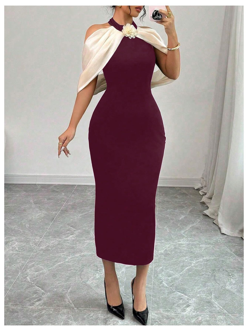 Women's 3D Floral Halter Dress Elegant Color Block Cold Shoulder Backless Bodycon Dresses