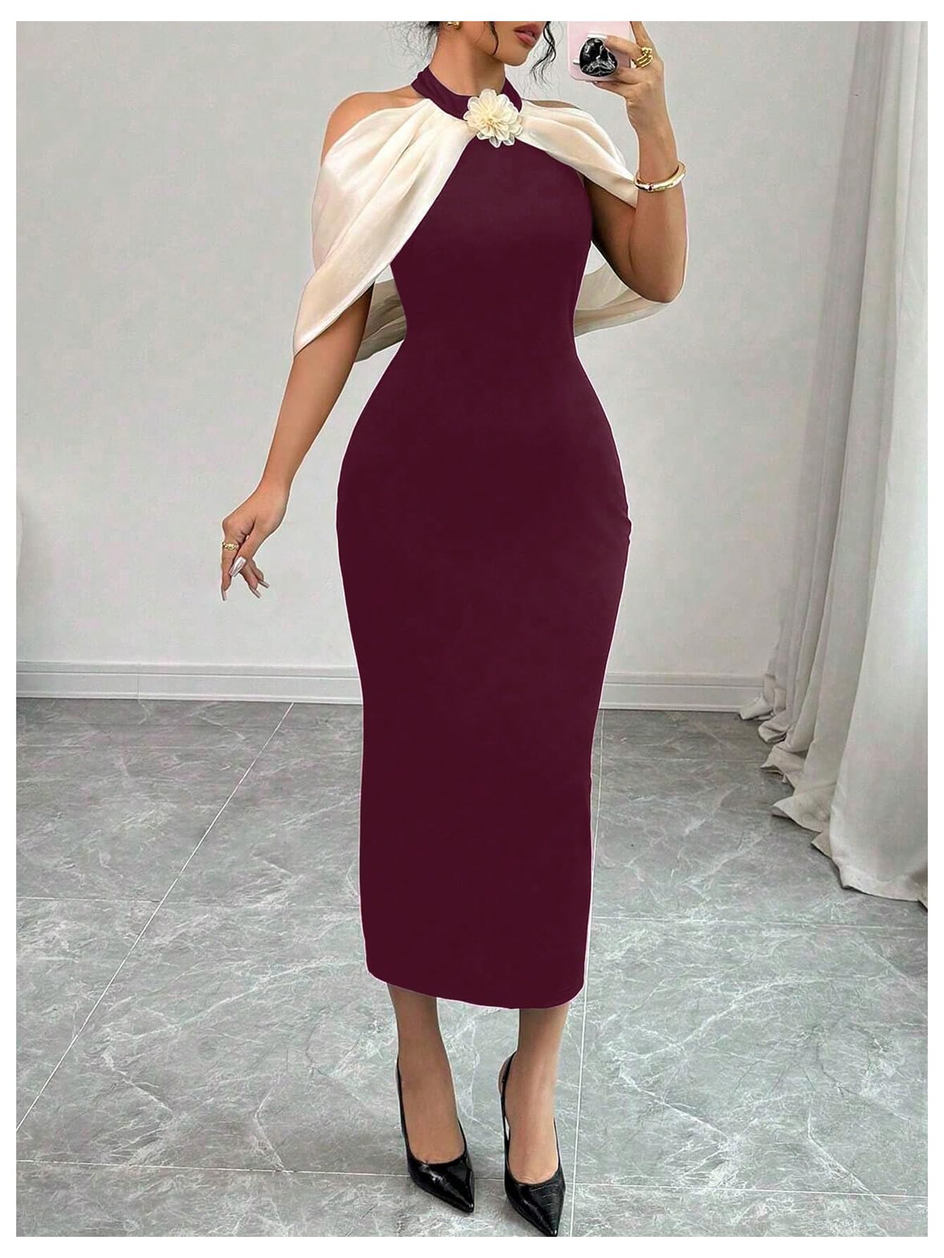 Women's 3D Floral Halter Dress Elegant Color Block Cold Shoulder Backless Bodycon Dresses