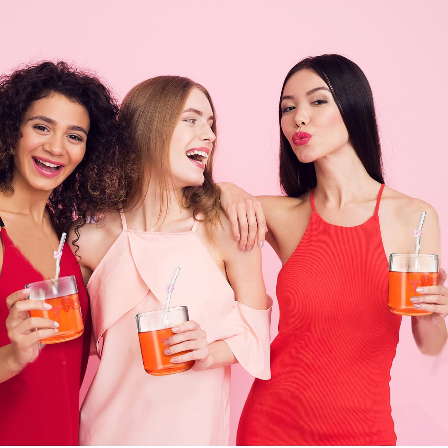 Coquette Pink Bow Aesthetic Cup Bow Icon Juice Glass With Glass Straw with Pink Bow - 14 ounce