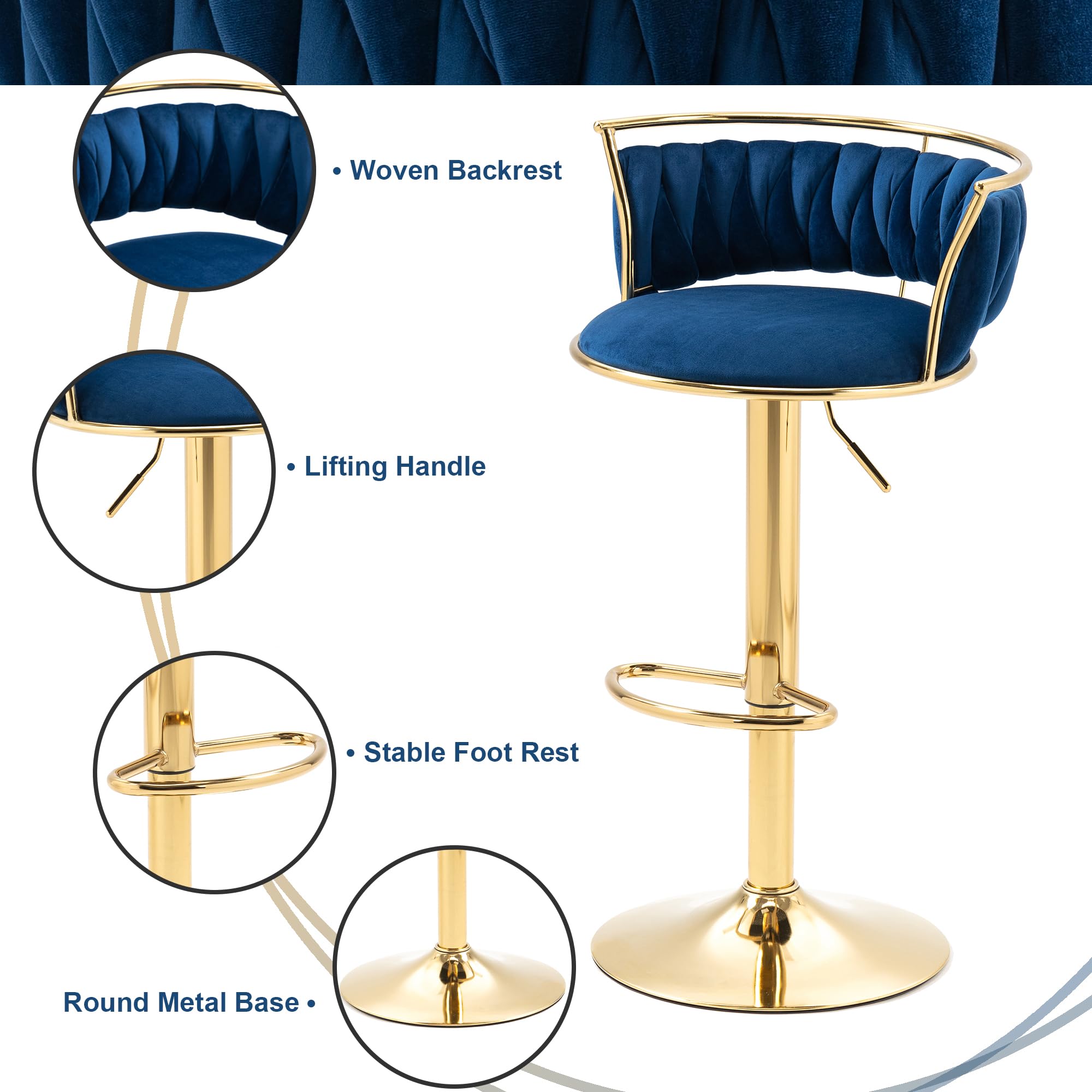 Velvet Swivel Bar Stools, Adjustable Counter Height Bar Chairs with Low Back & Footrest, Modern Gold Bar Stools for Kitchen Island, Bar Pub