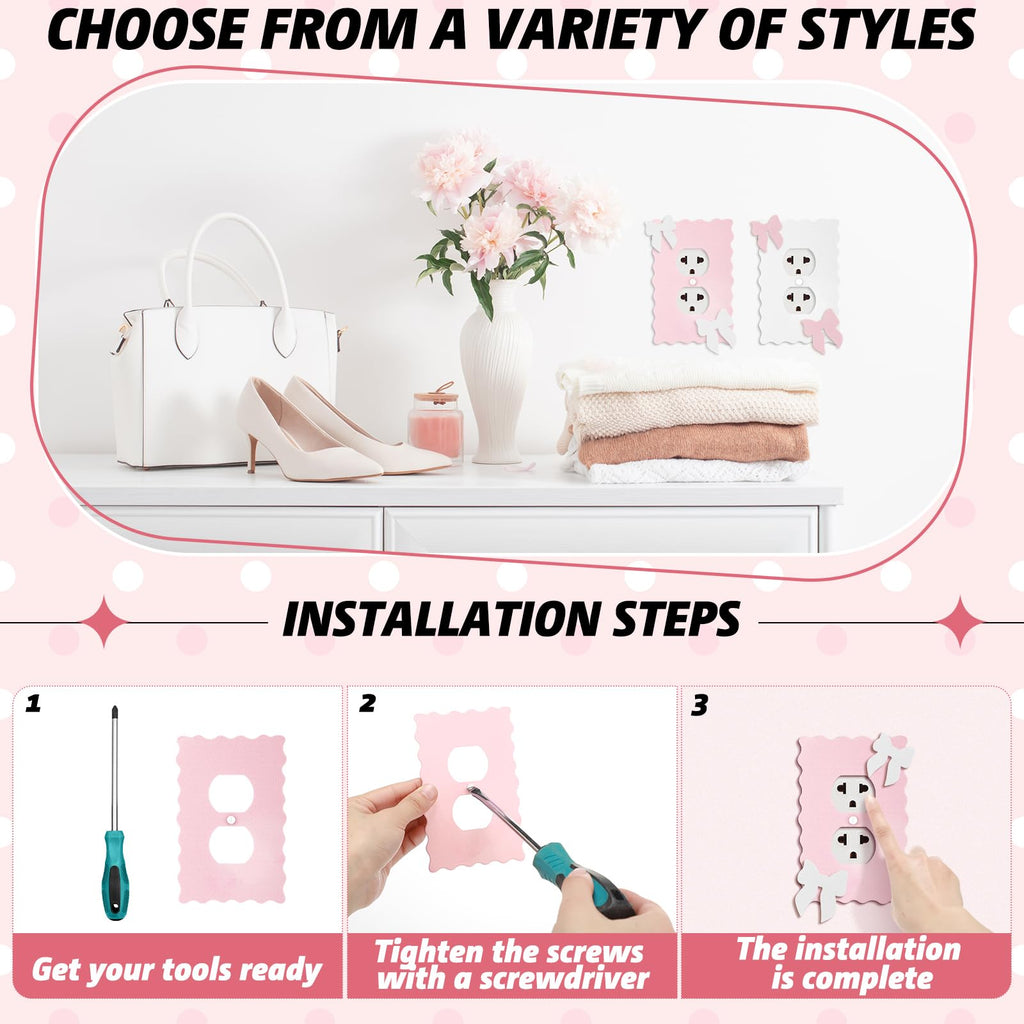 Pink Scalloped Duplex Outlet Covers Wall Plate Room Decor Metal Pink and White Cute Decorative Outlet Cover for Home Decor(Bow,2 Pcs)
