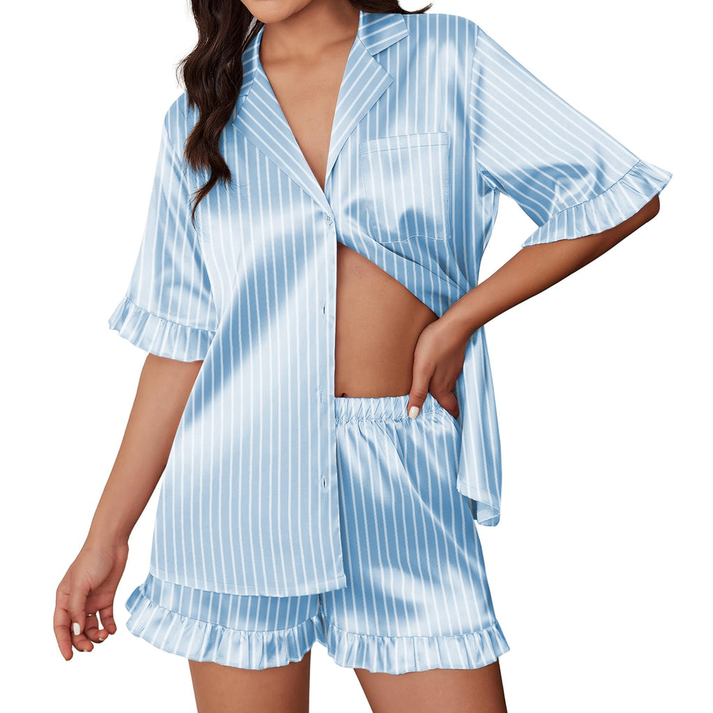 Womens Satin Pajamas Cute Ruffle Sleeve Printed Sleepwear Button Down Silk Pjs Set