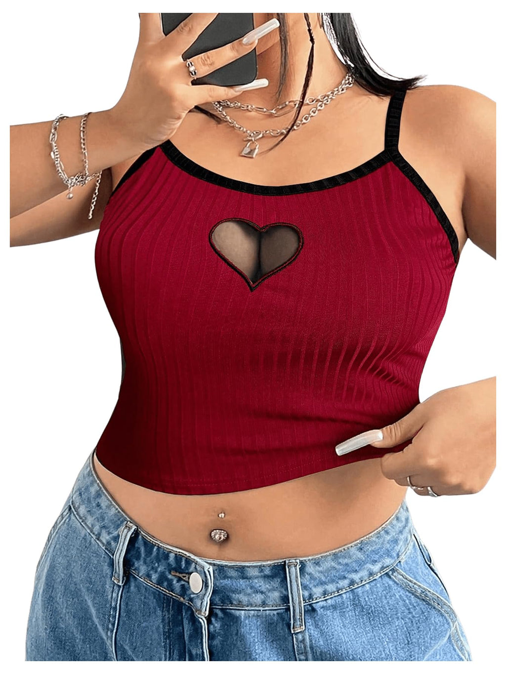 Women's Plus Size Cami Crop Tops Contrast Mesh Spaghetti Strap Summer Top