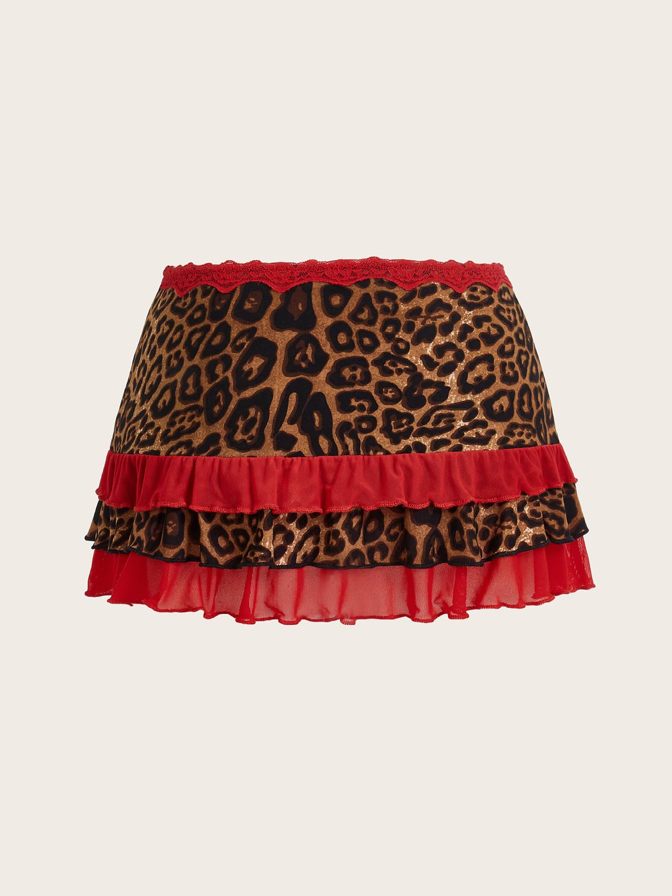 Women Leopard Print Low Rise Mini Skirt Y2k Contrast Mesh Layered Skirts