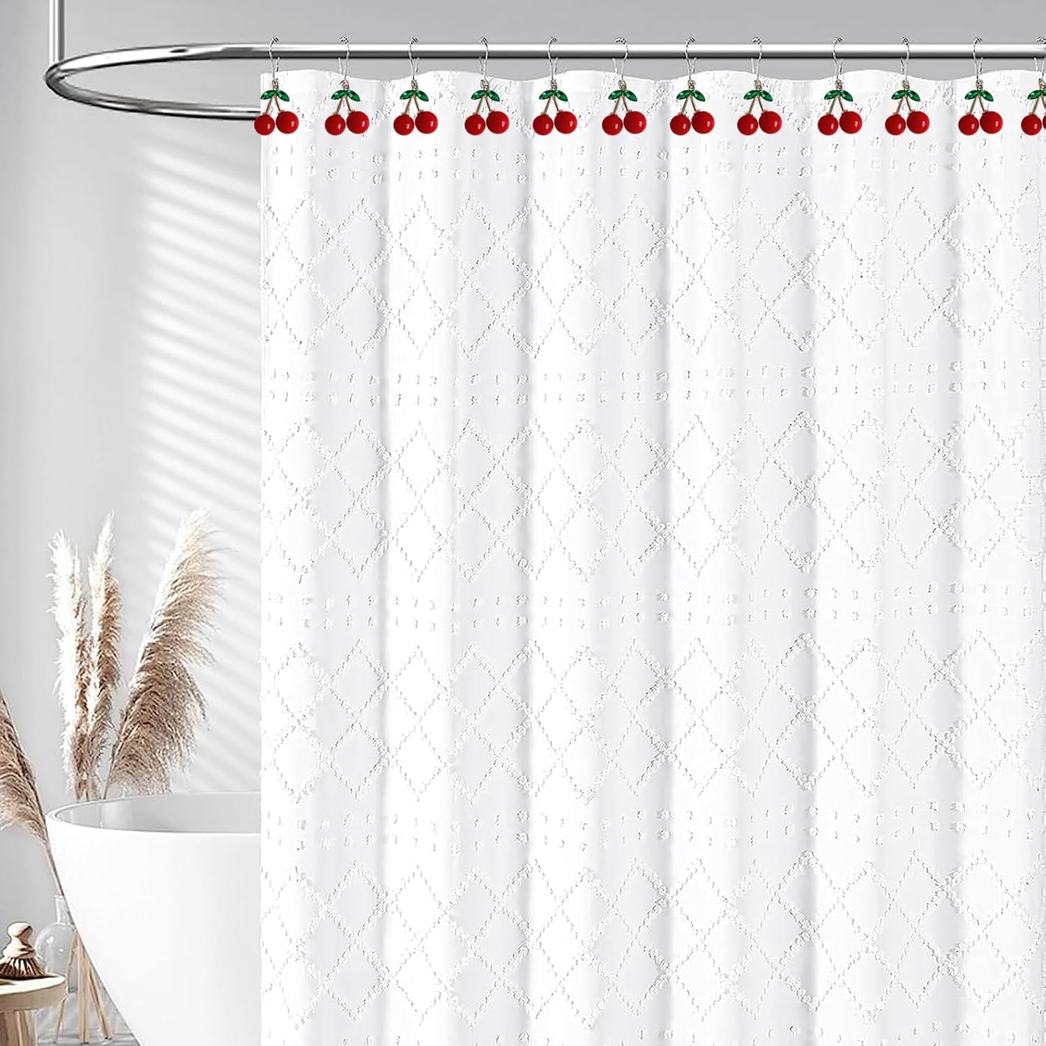 Cherry Bathroom Decor Curtain Hooks Rings for Bathroom Shower Rod (12pcs) - Rust Proof Metal Stainless Steel Curtain Ring Red Cherry Pendant Decoration