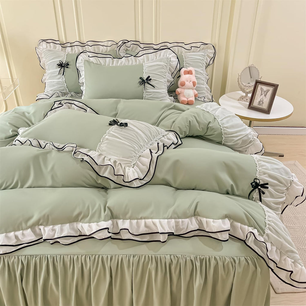 Duvet Cover Ruffle Beddding Set with Bowtie - 3 Pieces Comforter Cover Set with Zipper Closure & Pillowcase - Comforter Not Included
