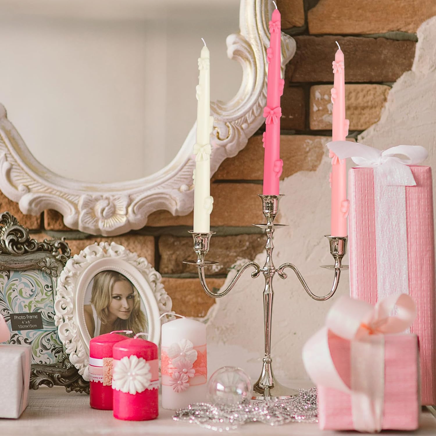 Coquette Bow Taper Candle Decor Pink White Aesthetic Wax Candle 6 Pack