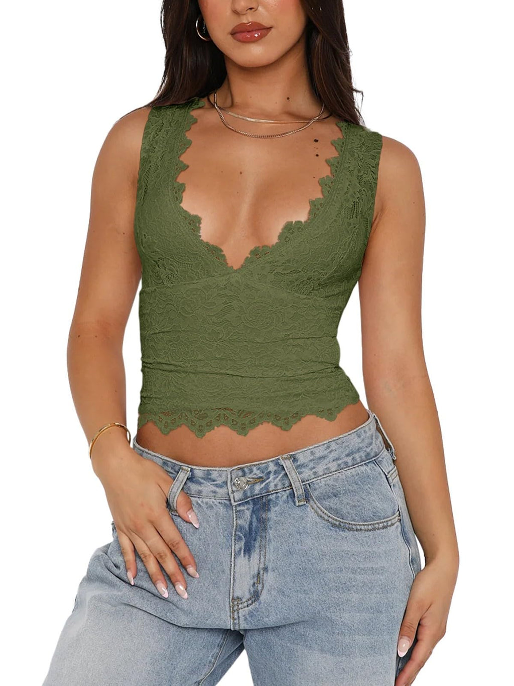 Women's Sexy V-Neck Sleeveless Lace Cropped Tank Top â€?Y2K Trendy Double-Lined