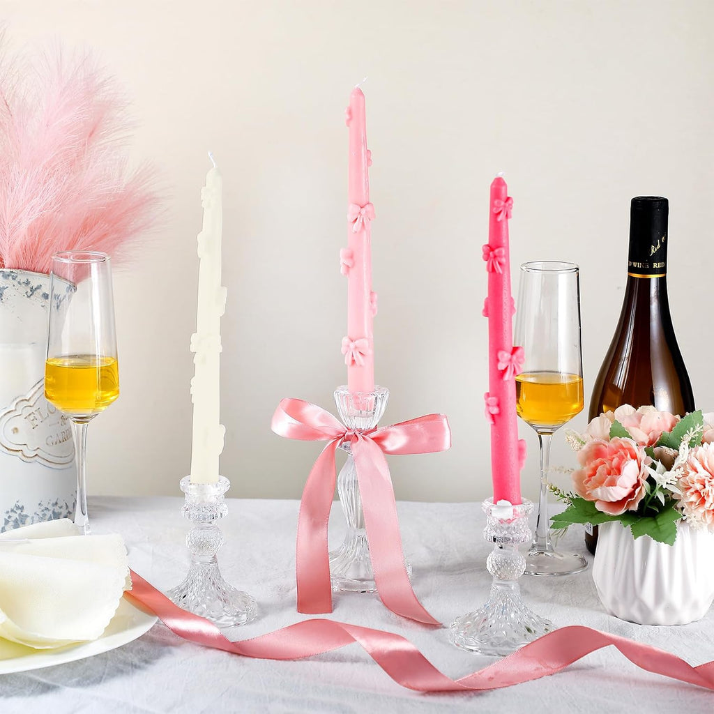 Coquette Bow Taper Candle Decor Pink White Aesthetic Wax Candle 6 Pack