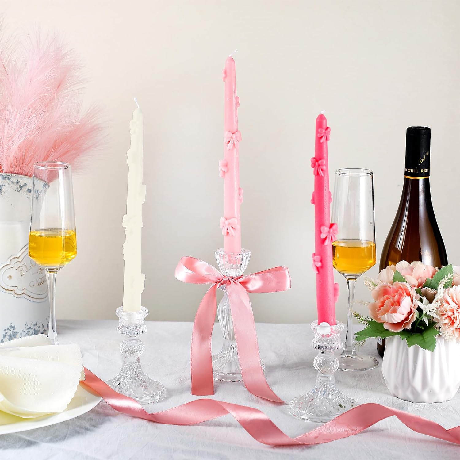 Coquette Bow Taper Candle Decor Pink White Aesthetic Wax Candle 6 Pack