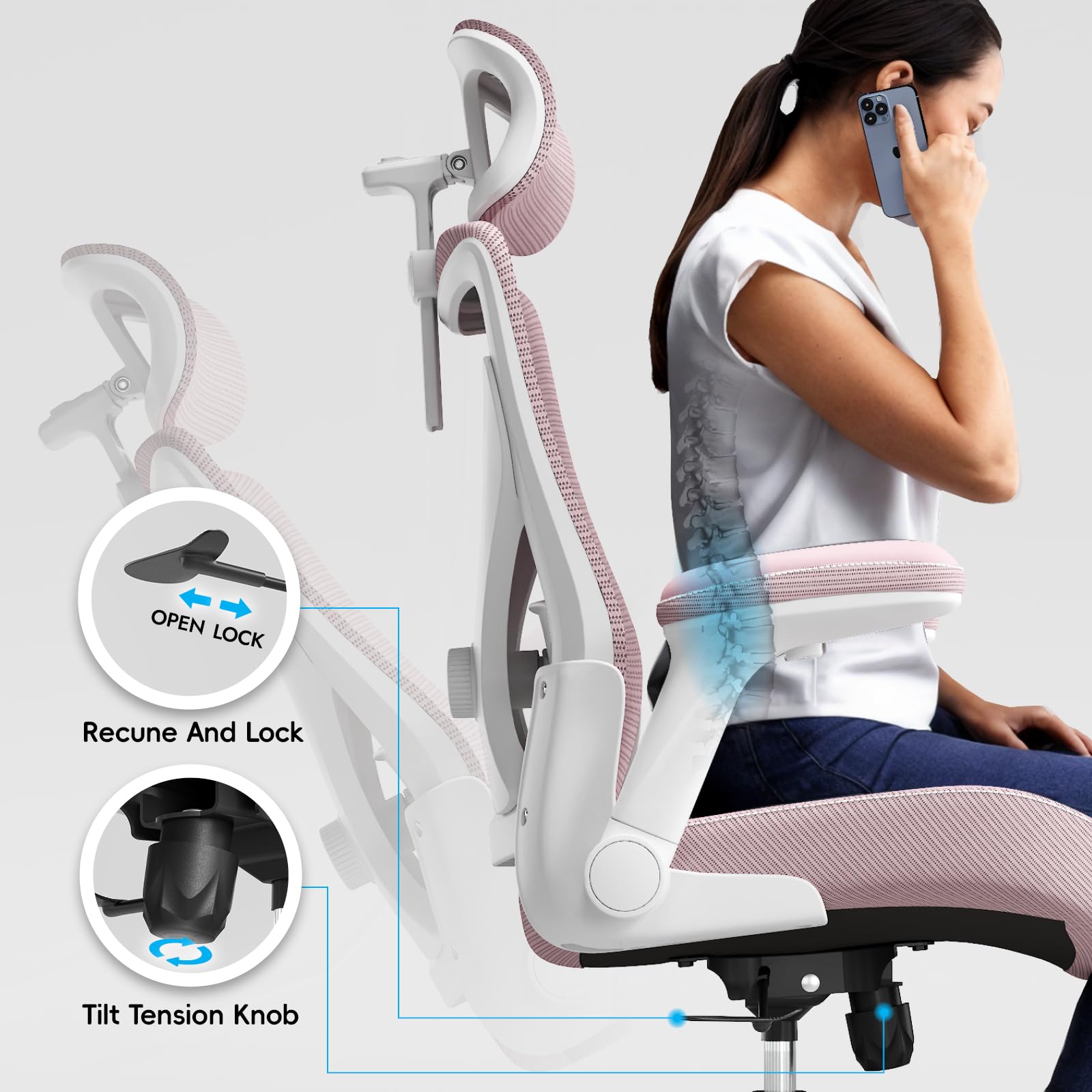 Ergonomic Desk Chair-Computer X-Shaped Chair Mesh PU Leather with Adjustable Lumbar Support-Executive Chair High Back with Headrest Flip-Up Arms for Long Hours