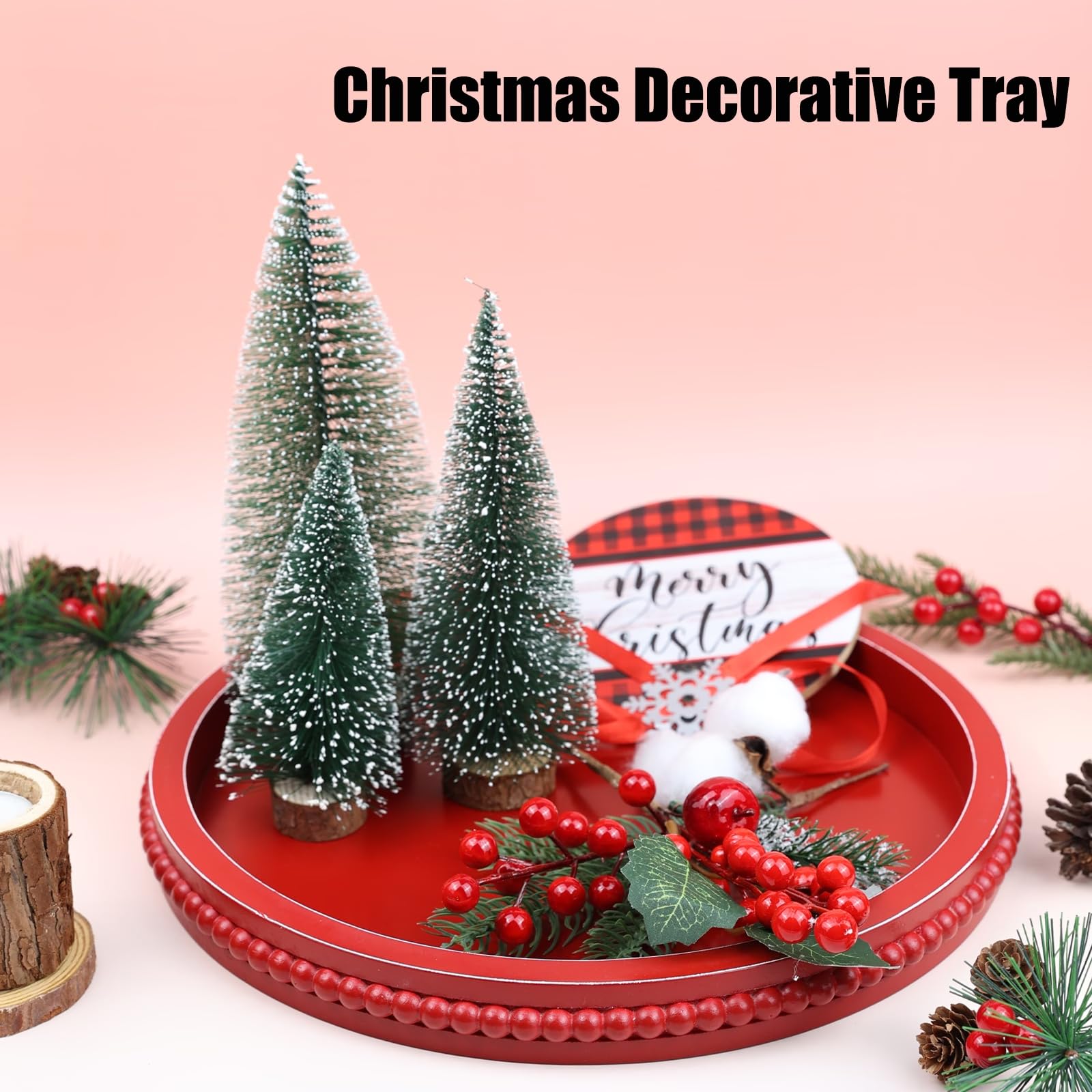 Round Wood Decorative Ottoman Tray for Coffee Table Kitchen Counter, Living Room, Handcrafted Wooden Serving Tray for Table Centerpiece