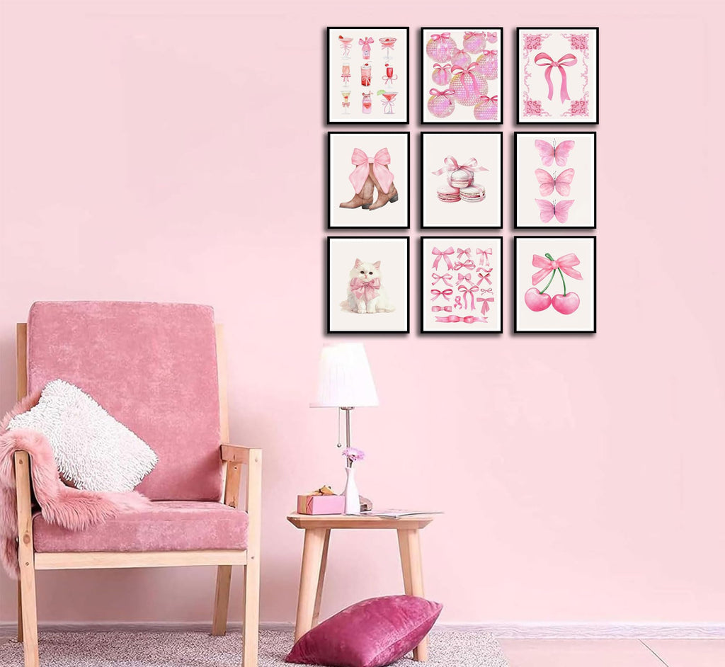 Pink Bows Canvas Wall Art Trendy Coquette Bow Cute Cat Wall Decor