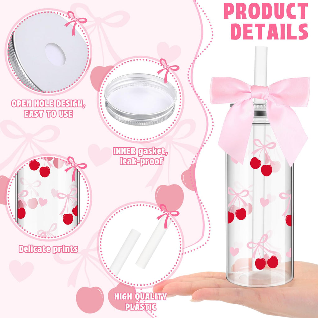 Pink Bow Plastic Bottle with Straw Lid and Twist Bow Disposable Coquette Cherry Bow Bottles Cute Inspired Retro Reusable Bottles 12 Pcs