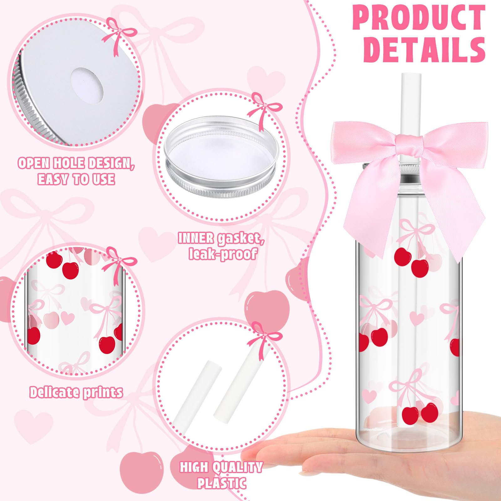 Pink Bow Plastic Bottle with Straw Lid and Twist Bow Disposable Coquette Cherry Bow Bottles Cute Inspired Retro Reusable Bottles 12 Pcs