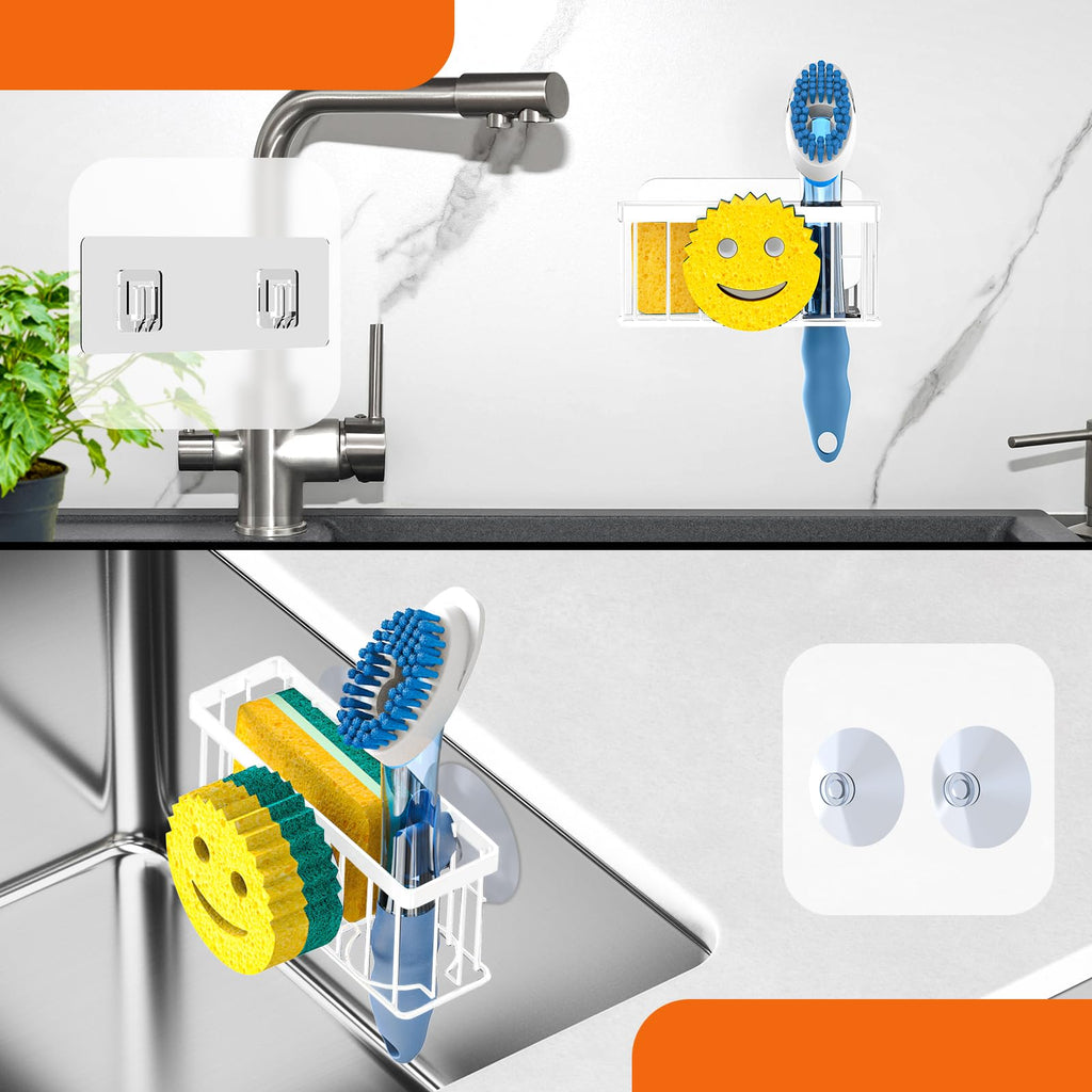 Sponge Holder Smiley Face, Sink Caddy for Kitchen Organizer Sponge Holder with 2 PCS Suction Cups/1 PCS Adhesive Strips