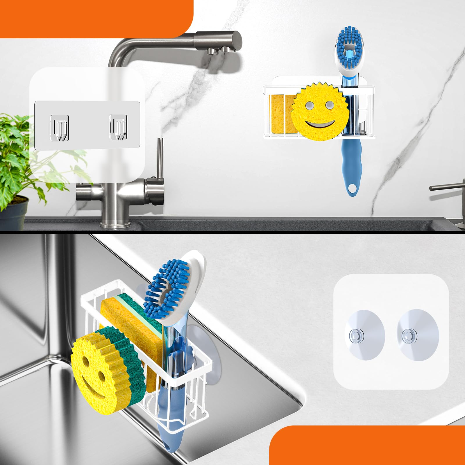 Sponge Holder Smiley Face, Sink Caddy for Kitchen Organizer Sponge Holder with 2 PCS Suction Cups/1 PCS Adhesive Strips