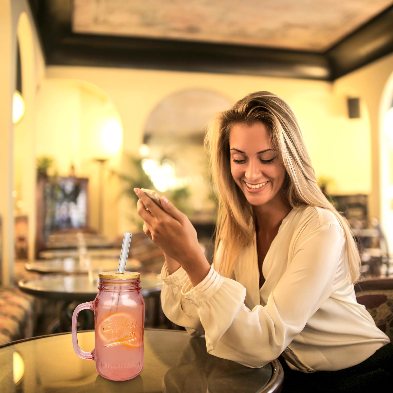 Tumbler with Handle and Straw, 24oz Pink Mason Jars Handles Drinking Glasses Glassware Colored Glass Cups Lids Straws