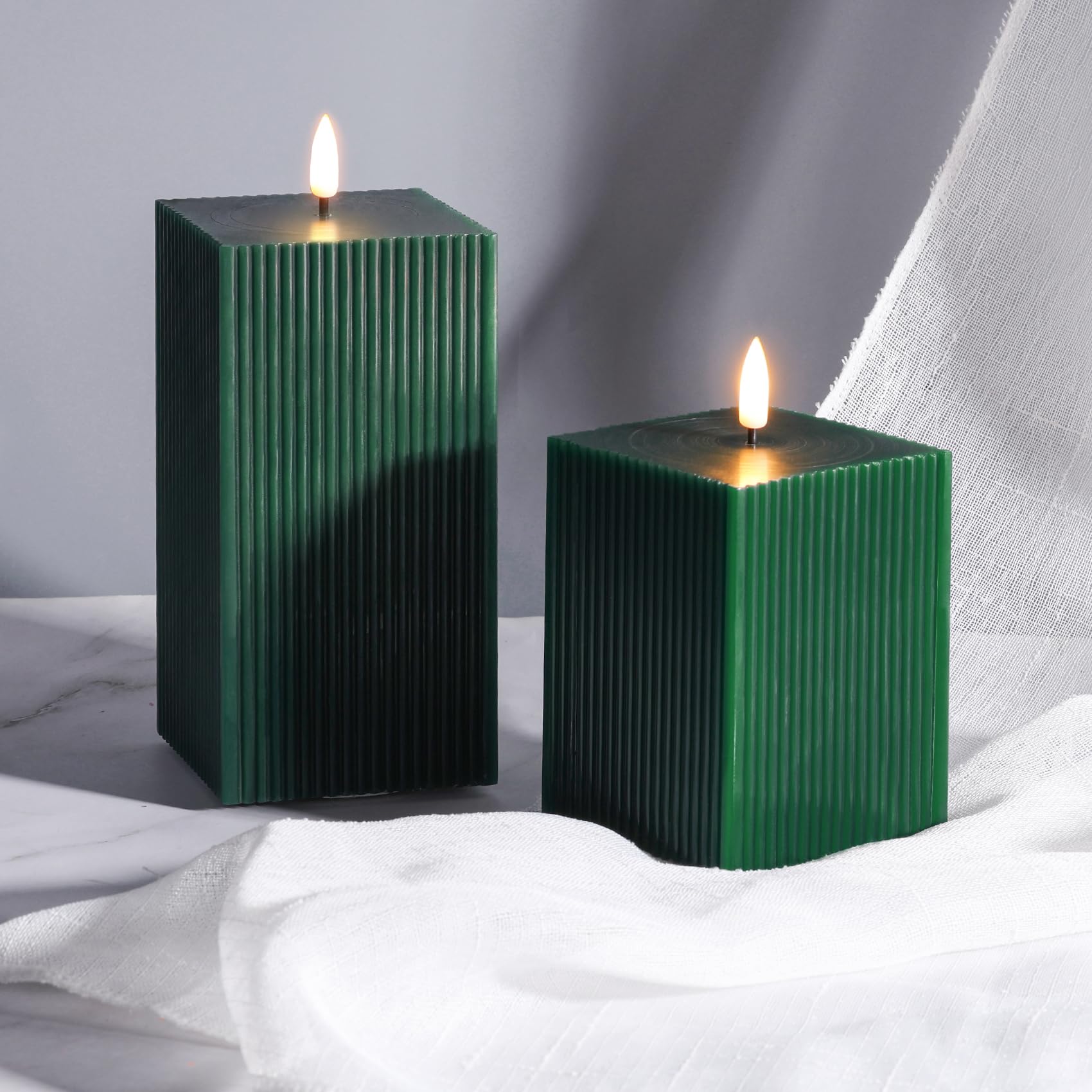 Square Ribbed Flameless Candles with Remote, Flickering Real Wax Battery LED Candles 3" H 4" 6"
