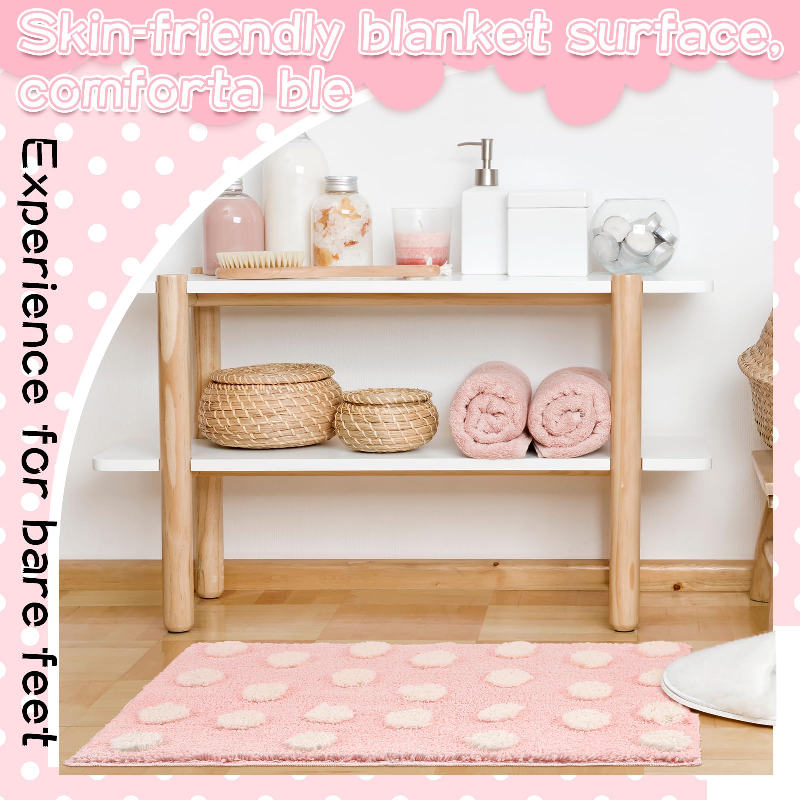 Pink Aesthetic Preppy Bathroom Rugs White Pink Bath Mats Non Slip Washable Tufted Cute Bathroom Mat Absorbent Bath Rug for Home, Tub, Floor Carpet, 32 x 20''(Polka Dot)