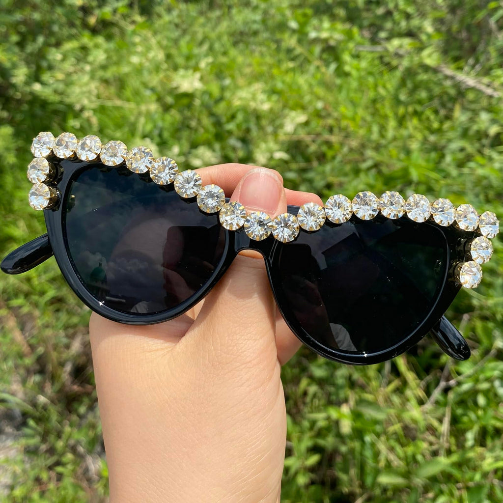 Coquette Bling Sunglasses Crystal Rhinestone Shades Retro Half Rim Women Cat Eyewear