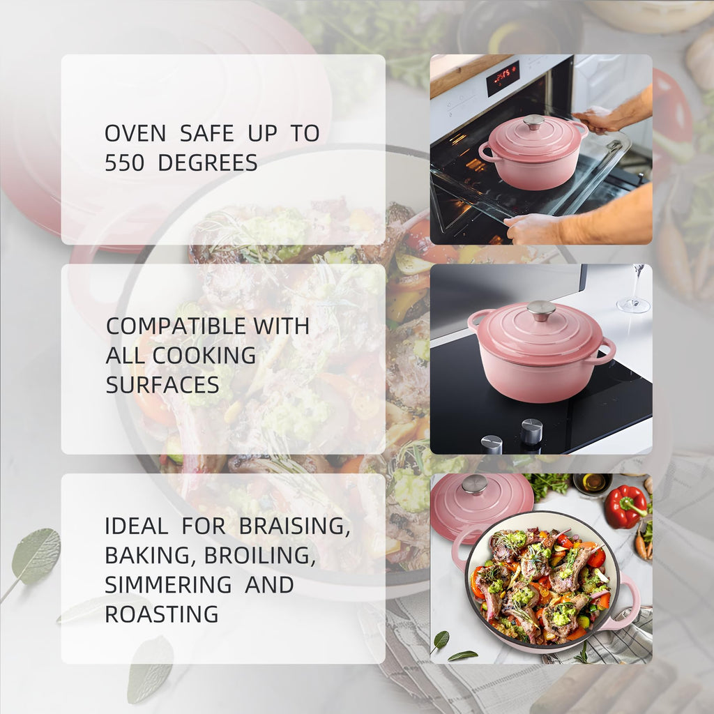 Enameled Cast Iron Dutch Oven with Lid - Big Dual Handles - Round Pot for Versatile Cooking 6 Quart