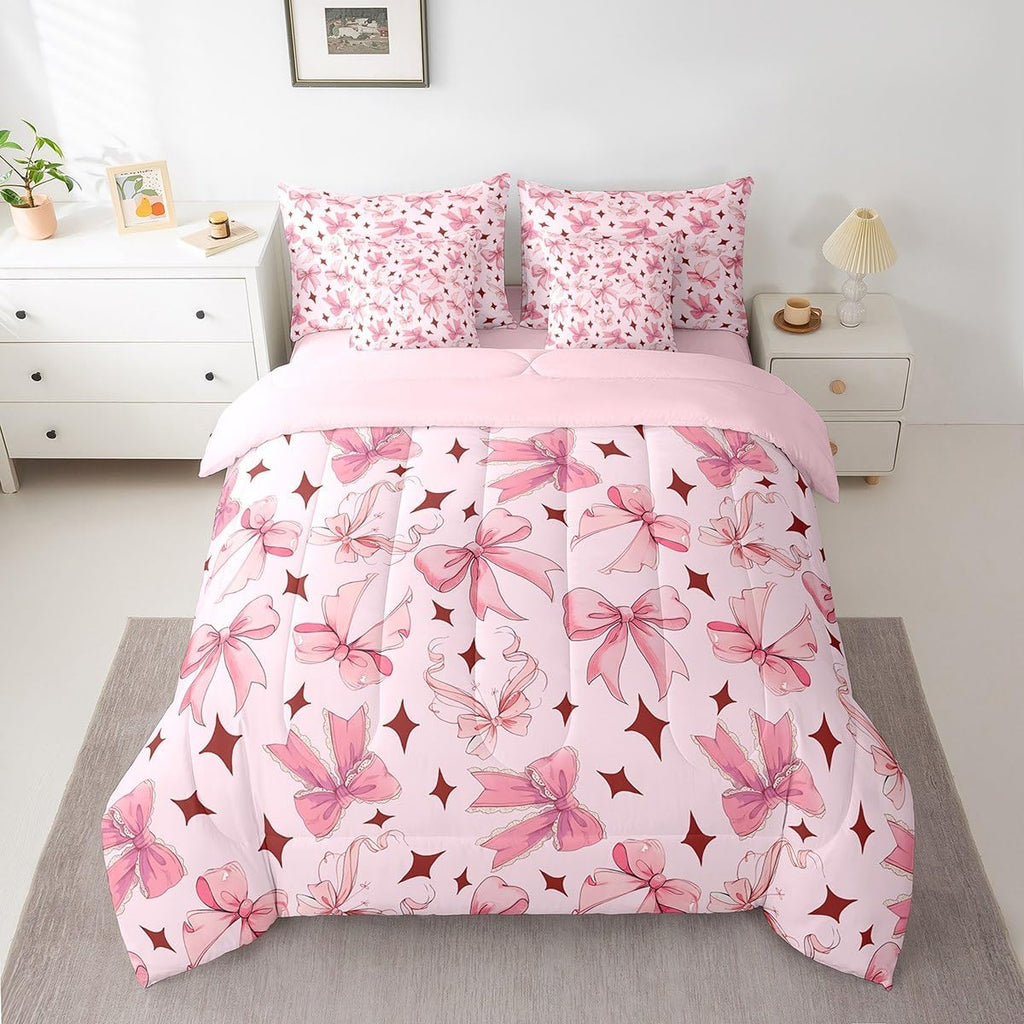 Princess Style Pink Bowknot Comforter Bedding Set, Bow Tie Pink White Dreamy Fairy Tale Bow (Comforter+Fitted+Flat Sheet+2 Pillowcases+2 Throw Pillow Covers) 7 Pieces Bed Set
