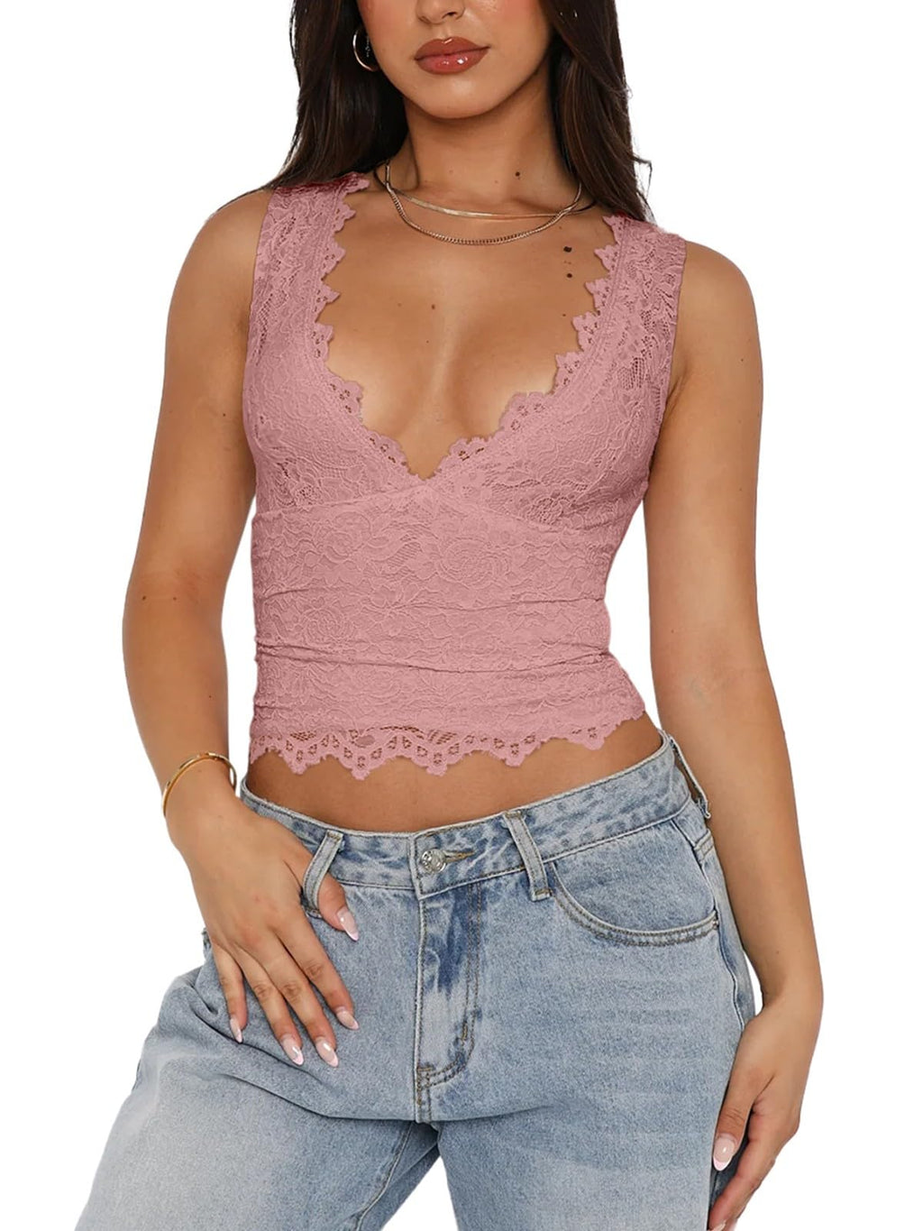 Women's Sexy V-Neck Sleeveless Lace Cropped Tank Top â€?Y2K Trendy Double-Lined