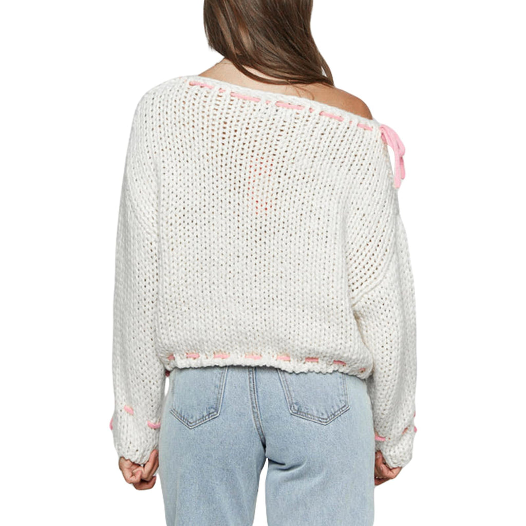 Women Y2k V Neck Sweater Retro Low Cut Long Sleeve Pullover Top E-Girl Cute Solid Loose Fit Lace Up Going Out Jumper