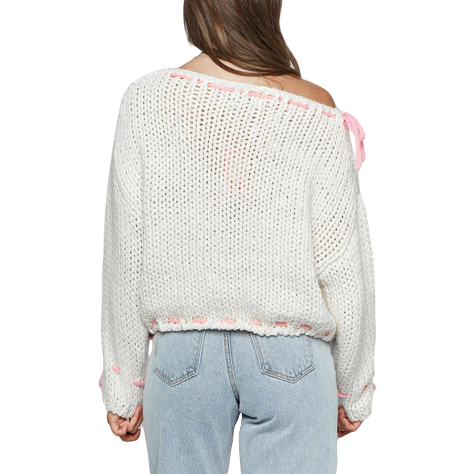 Women Y2k V Neck Sweater Retro Low Cut Long Sleeve Pullover Top E-Girl Cute Solid Loose Fit Lace Up Going Out Jumper