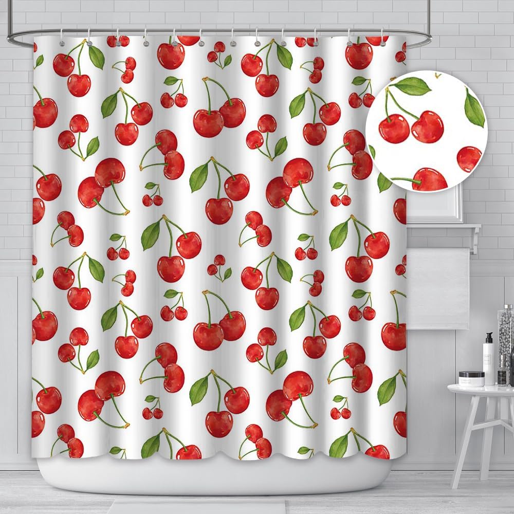 Cute Sweet Cherry Shower Curtain Set with Hooks - Fruit Shower Curtain for Bathroom - Waterproof Durable Fabric 72x72 Inches