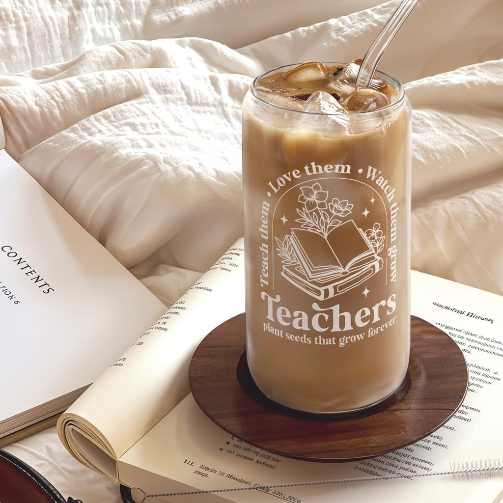 Glass Cup with Lid & Straw, Iced Coffee Aesthetic Glass Can, 16oz