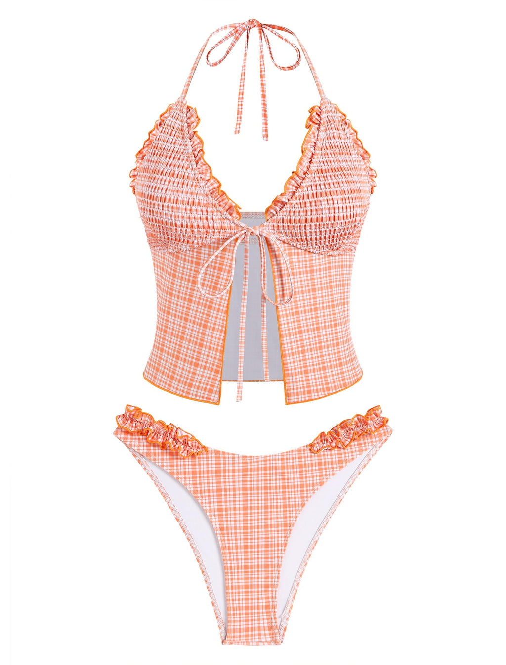 Tankini Swimsuits for Women Smocked Ruffles Tie Front Bowknot Textured High Cut Tanga Tankini Set