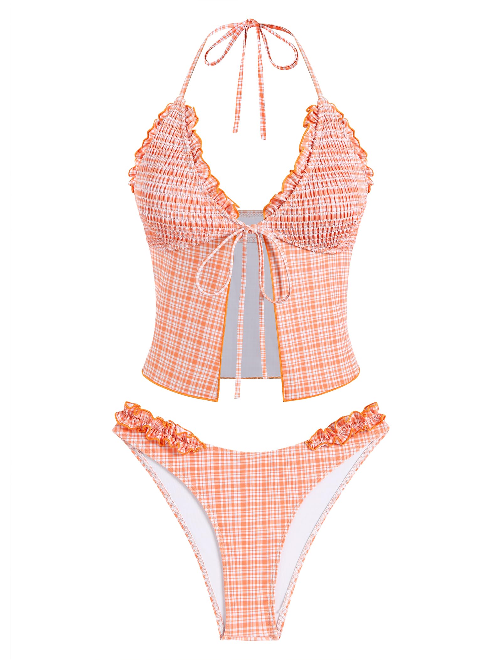 Tankini Swimsuits for Women Smocked Ruffles Tie Front Bowknot Textured High Cut Tanga Tankini Set